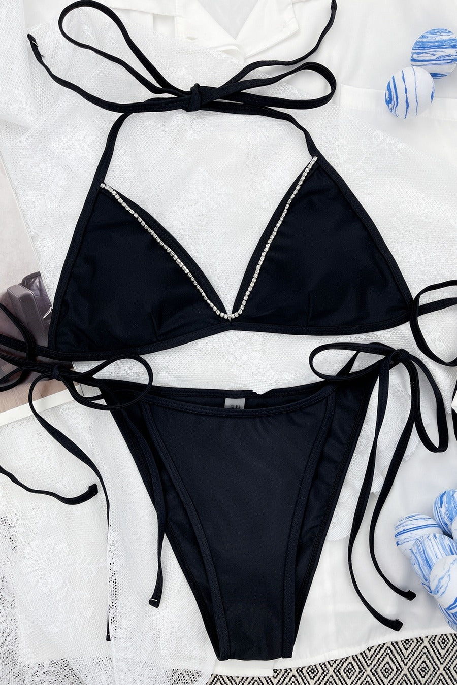 Cali Chic Women's Swimsuit Celebrity Black Rhinestone Chain Padded Triangle Bikini Set