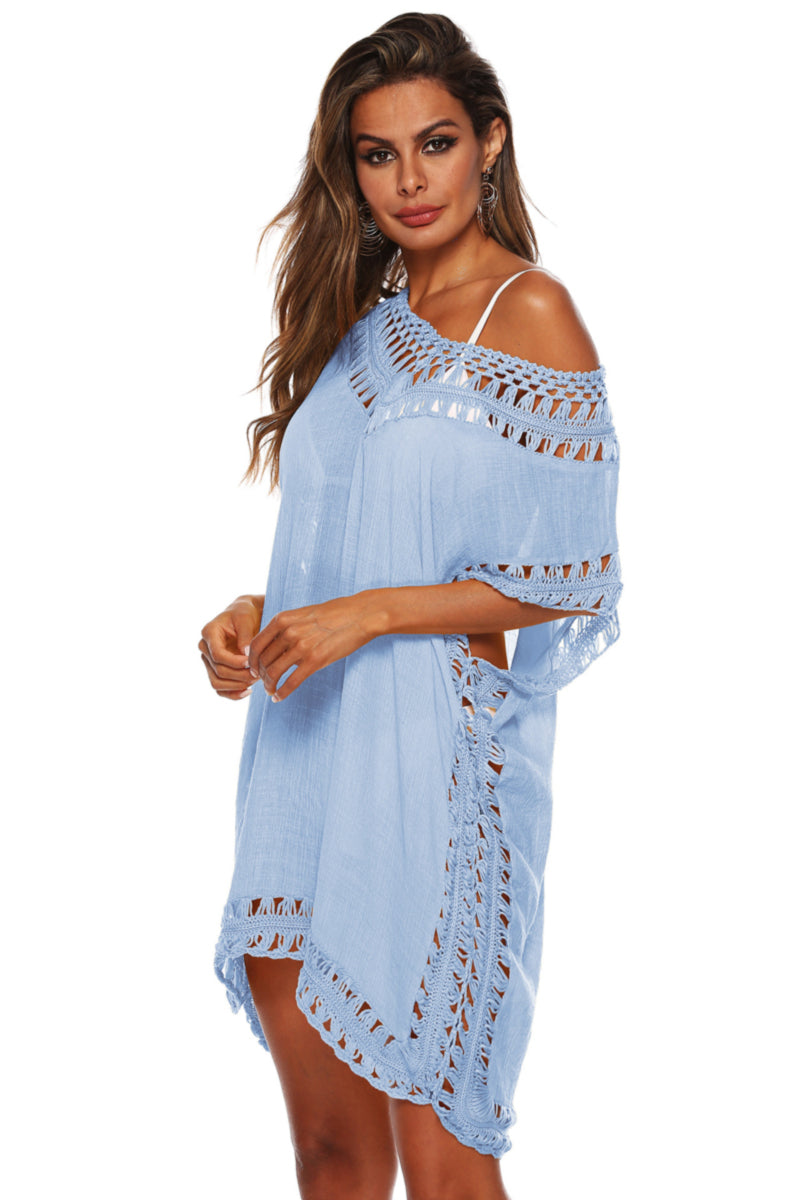 Cali Chic Women's Swimsuit Cover up Celebrity Hollow Crochet Splice Solid Cover Up Sky Blue