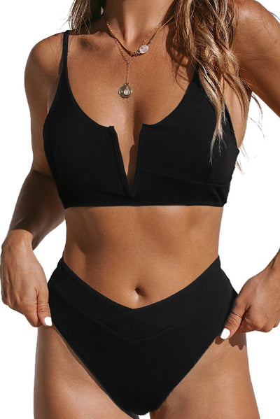 Cali Chic Women's Swimsuit Celebrity Black Solid Color Slit V Neck High Cut 2 Piece Bikini Set