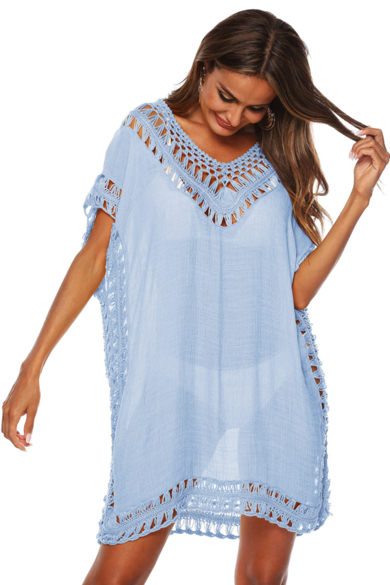 Cali Chic Women's Swimsuit Cover up Celebrity Hollow Crochet Splice Solid Cover Up Sky Blue